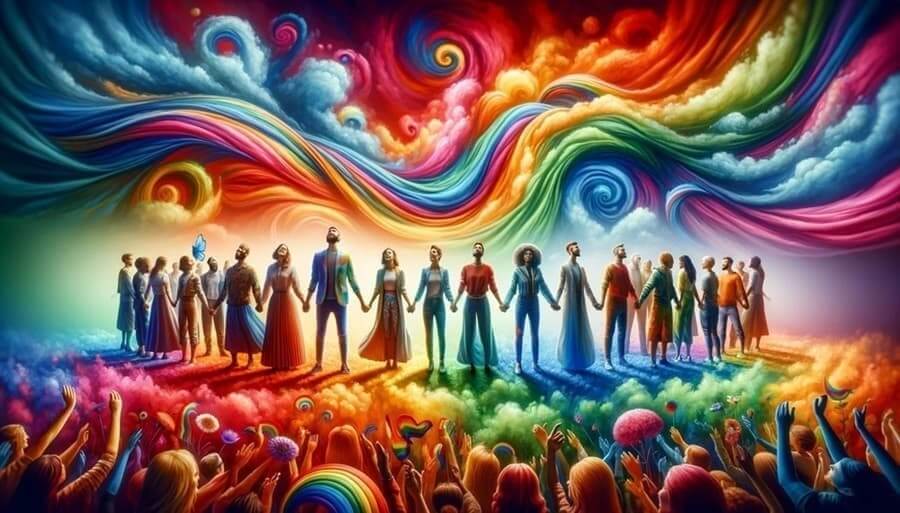 DALL·E 2024-03-10 03.50.00 - A vibrant and joyful image celebrating the spirit of Pride, featuring a diverse group of people holding hands in unity, surrounded by a backdrop of ra (1)